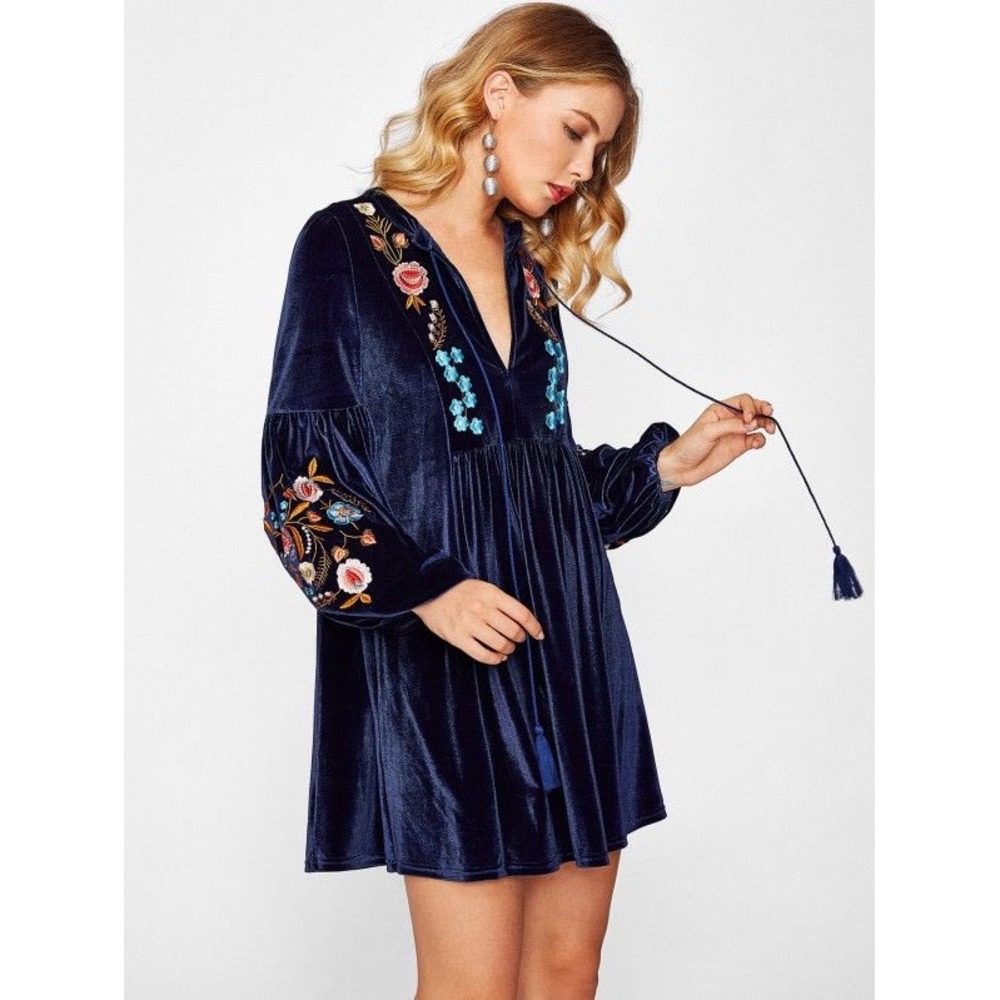 Zara Navy Blue Velvet Floral Embroidered Mini Dress Balloon Sleeve Boho V-Neck